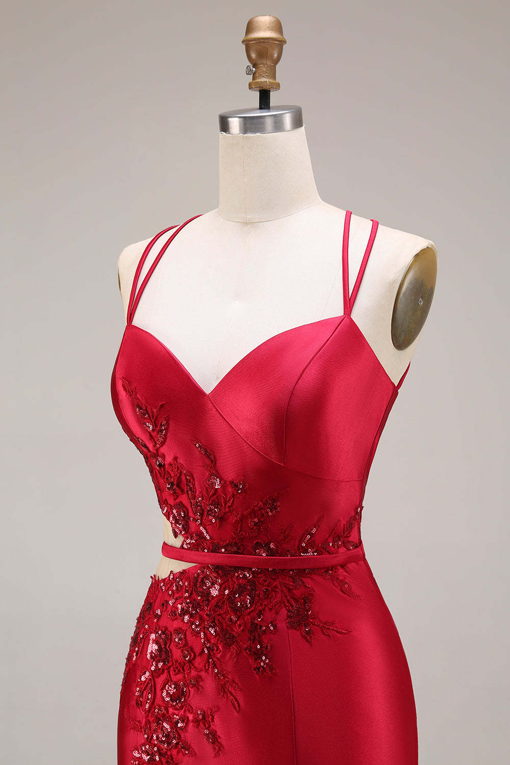 Sparkly Beaded Red Mermaid Floral Maxi Prom Dress with Slit