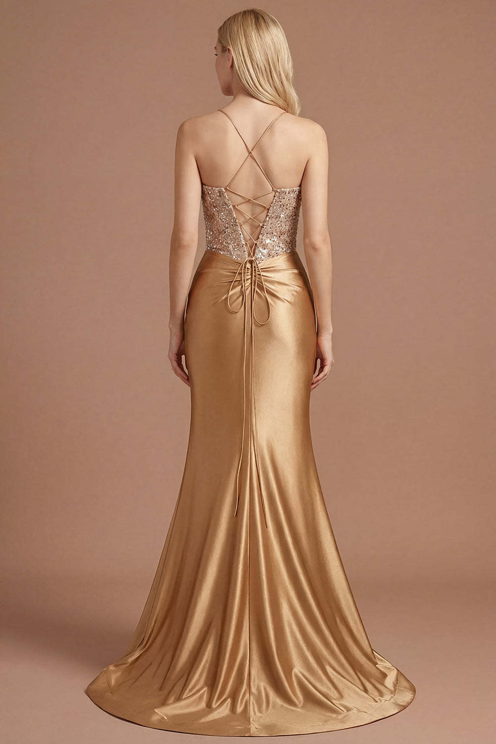 Golden Sparkly Beaded Corset Mermaid Long Prom Dress with Slit