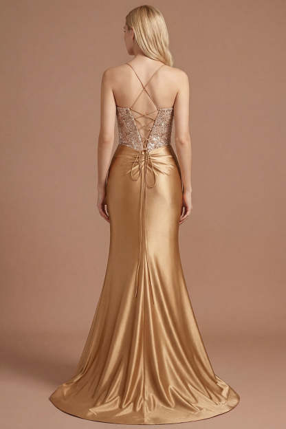 Golden Sparkly Beaded Corset Mermaid Long Prom Dress with Slit