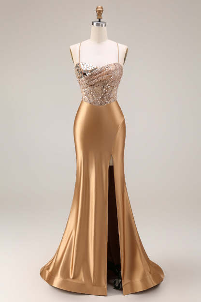 Golden Sparkly Beaded Corset Mermaid Long Prom Dress with Slit