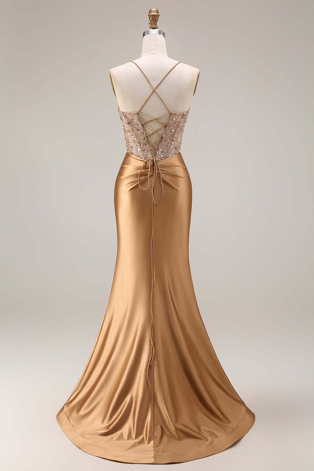 Golden Sparkly Beaded Corset Mermaid Long Prom Dress with Slit