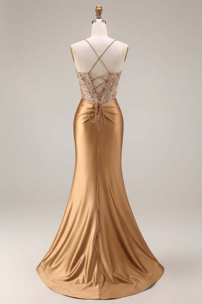 Golden Sparkly Beaded Corset Mermaid Long Prom Dress with Slit