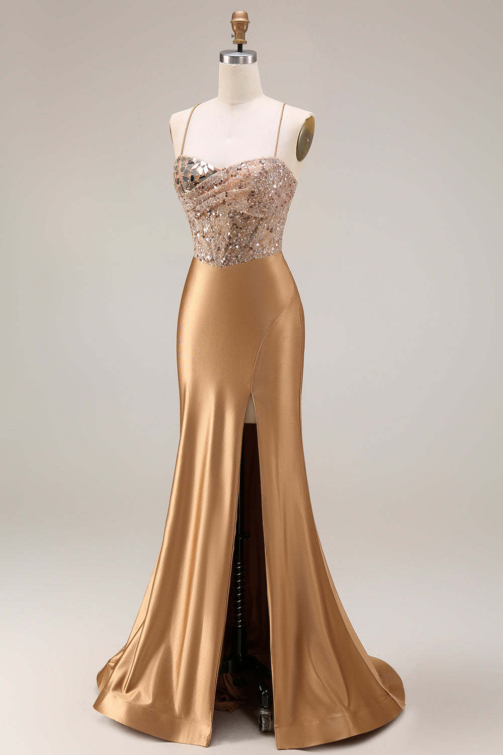 Golden Sparkly Beaded Corset Mermaid Long Prom Dress with Slit