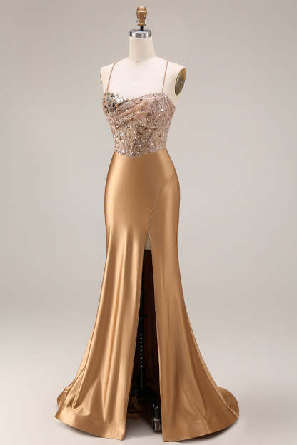 Golden Sparkly Beaded Corset Mermaid Long Prom Dress with Slit