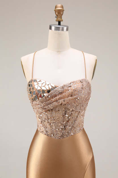 Golden Sparkly Beaded Corset Mermaid Long Prom Dress with Slit