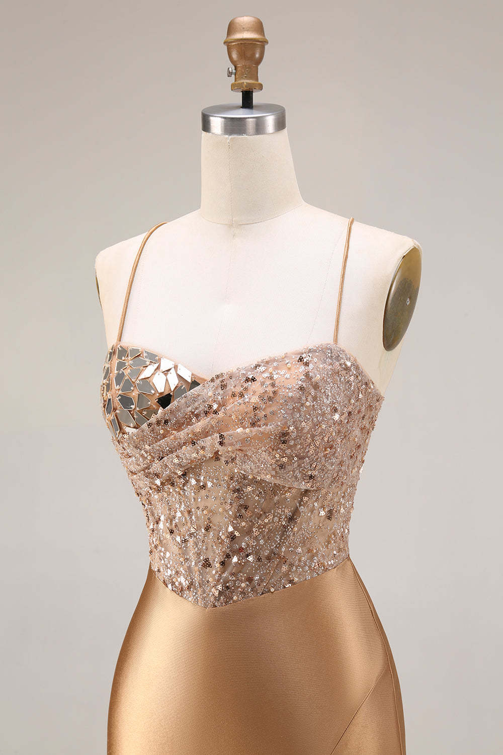 Golden Sparkly Beaded Corset Mermaid Long Prom Dress with Slit