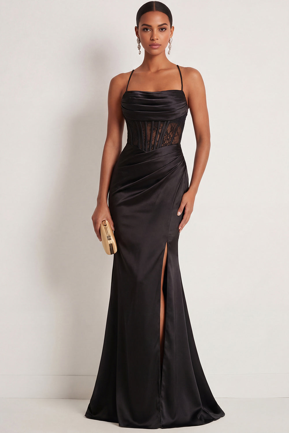 Leely Women Black Draped Mermaid Corset Long Prom Dress with Slit Spaghetti Straps Ruched Backless Wedding Guest Dress