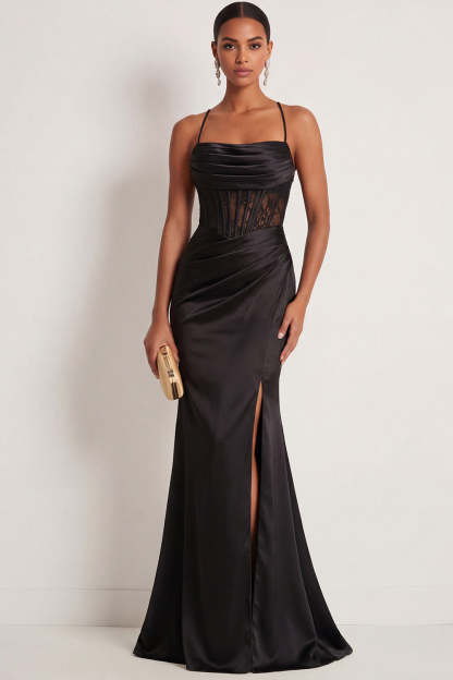 Leely Women Black Draped Mermaid Corset Long Prom Dress with Slit Spaghetti Straps Ruched Backless Wedding Guest Dress