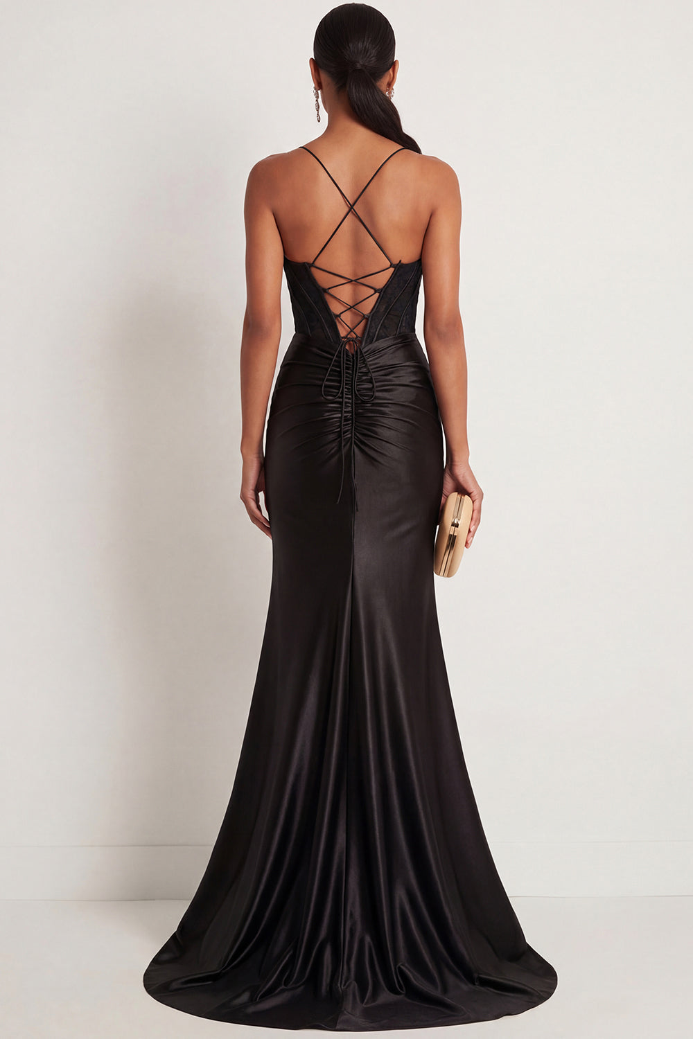 Black Draped Mermaid Corset Spaghetti Straps Ruched Long Prom Dress with Slit