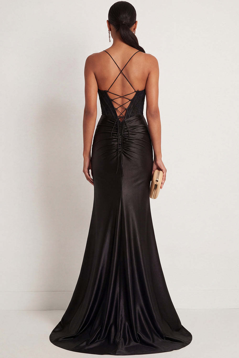 Black Draped Mermaid Corset Spaghetti Straps Ruched Long Prom Dress with Slit