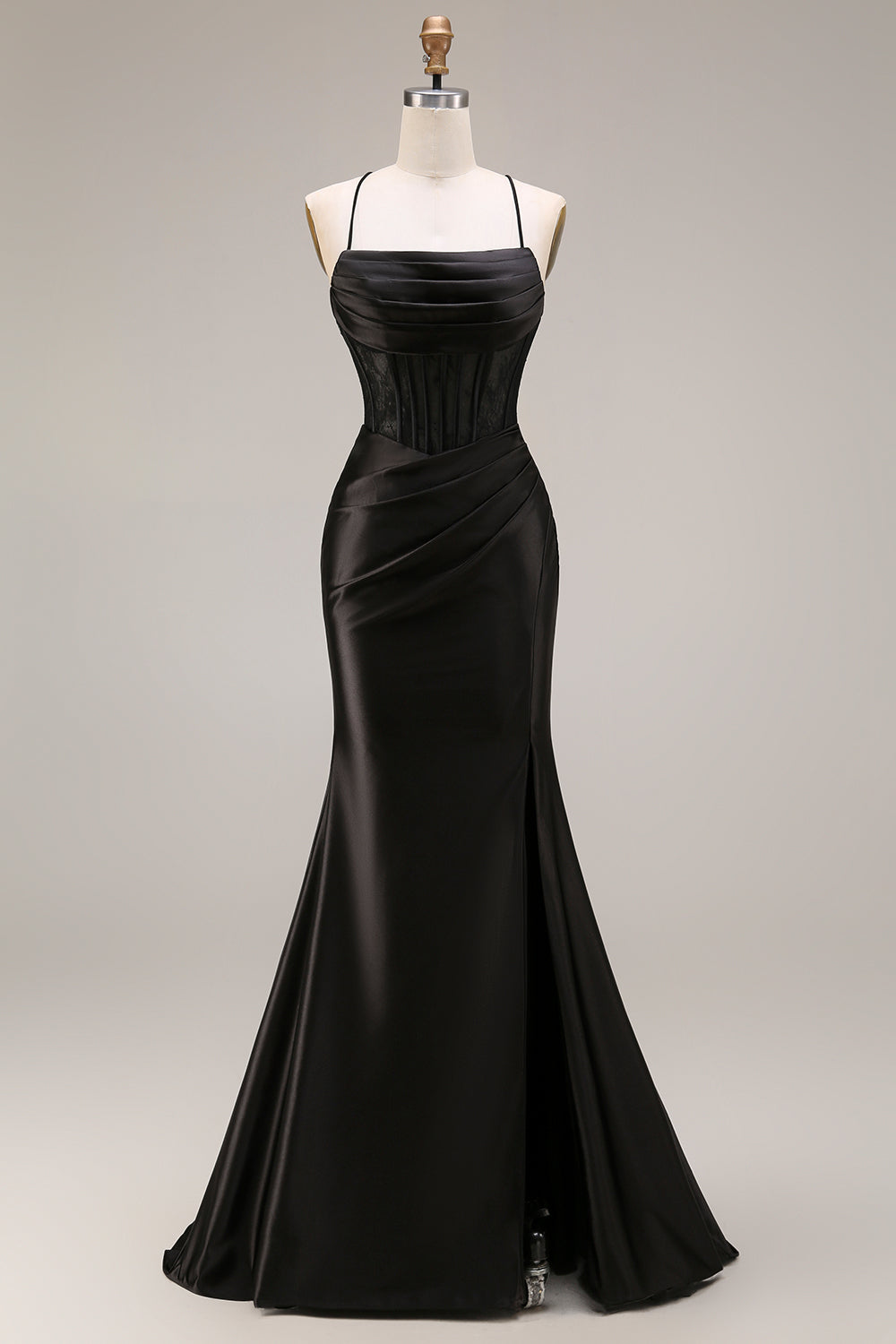 Black Draped Mermaid Corset Spaghetti Straps Ruched Long Prom Dress with Slit