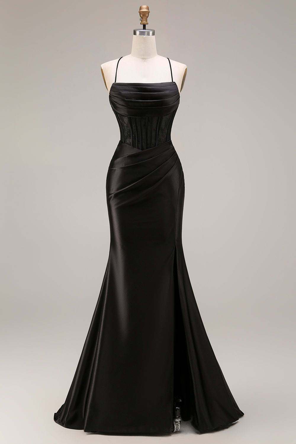 Black Draped Mermaid Corset Spaghetti Straps Ruched Long Prom Dress with Slit