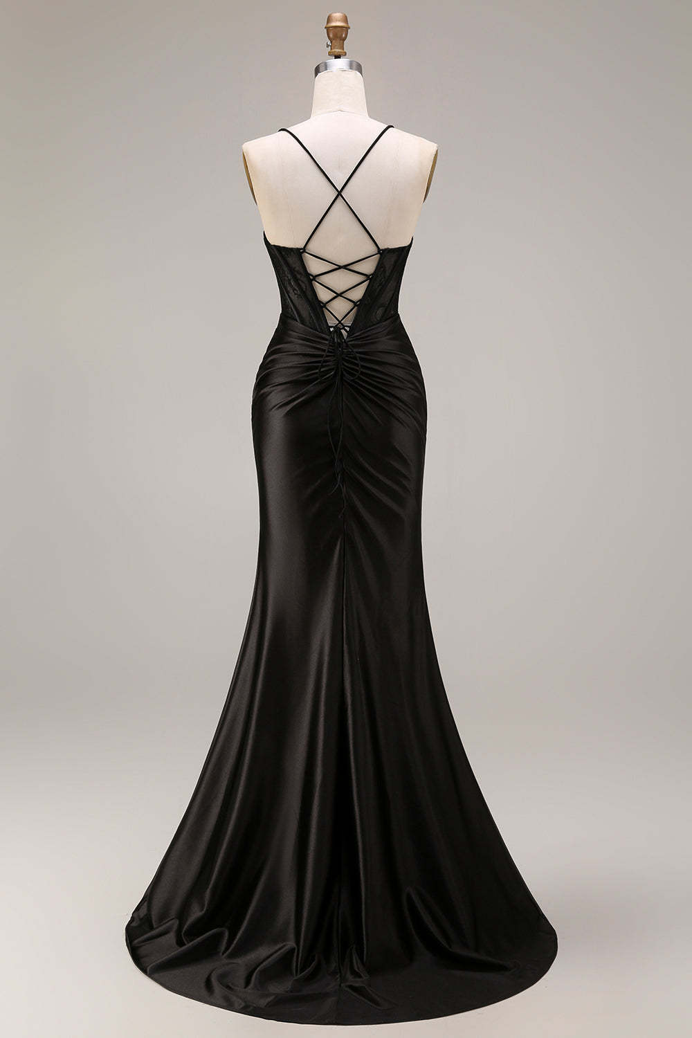 Black Draped Mermaid Corset Spaghetti Straps Ruched Long Prom Dress with Slit