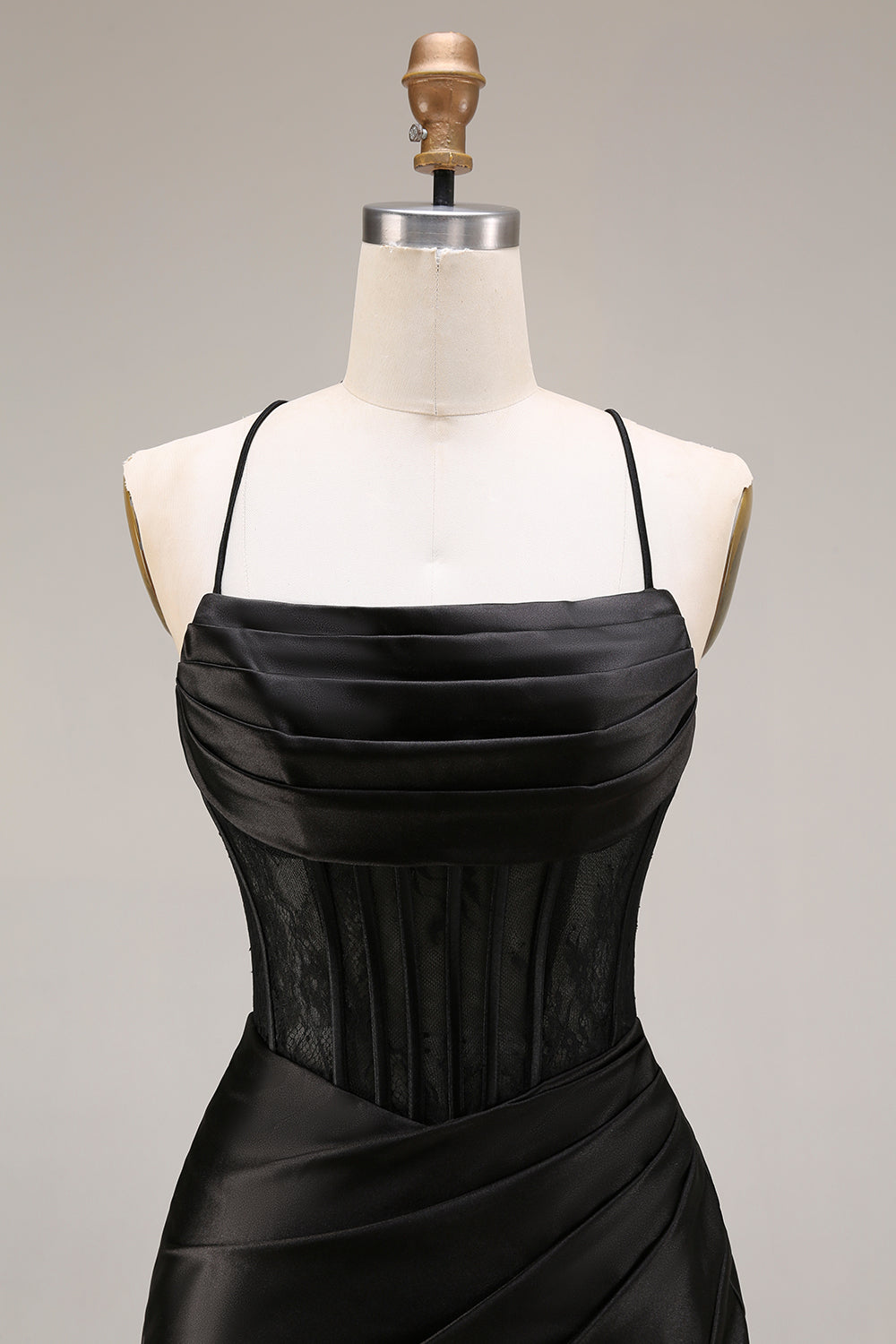 Black Draped Mermaid Corset Spaghetti Straps Ruched Long Prom Dress with Slit