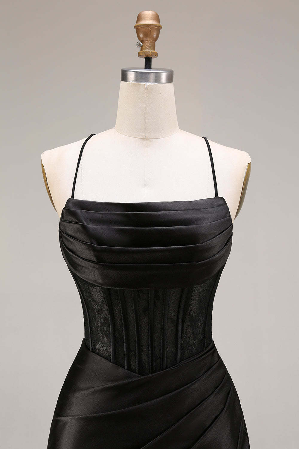 Black Draped Mermaid Corset Spaghetti Straps Ruched Long Prom Dress with Slit