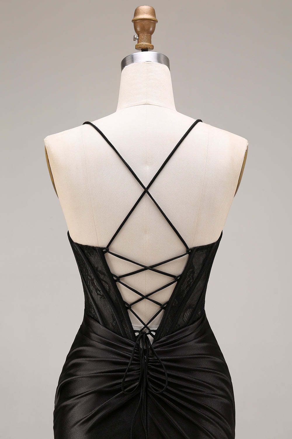 Black Draped Mermaid Corset Spaghetti Straps Ruched Long Prom Dress with Slit