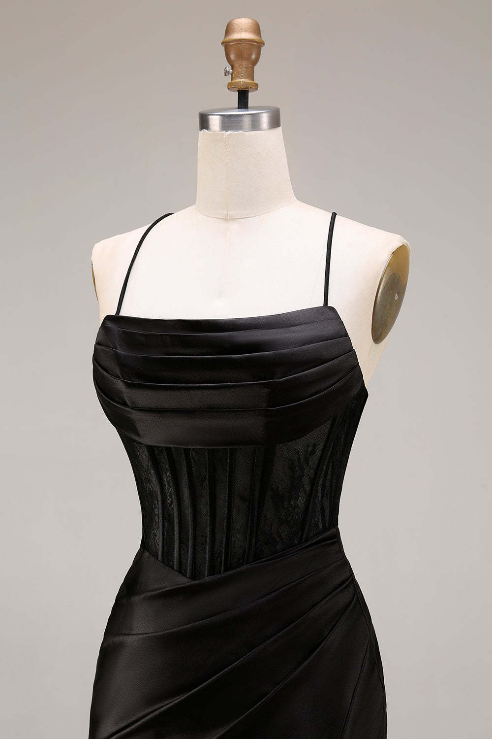 Black Draped Mermaid Corset Spaghetti Straps Ruched Long Prom Dress with Slit