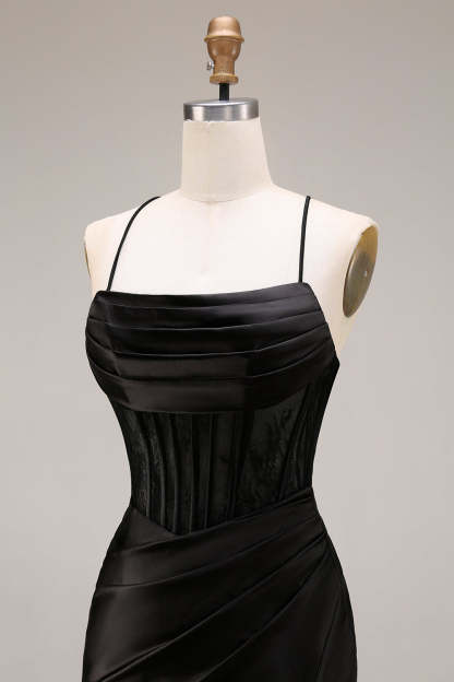 Black Draped Mermaid Corset Spaghetti Straps Ruched Long Prom Dress with Slit