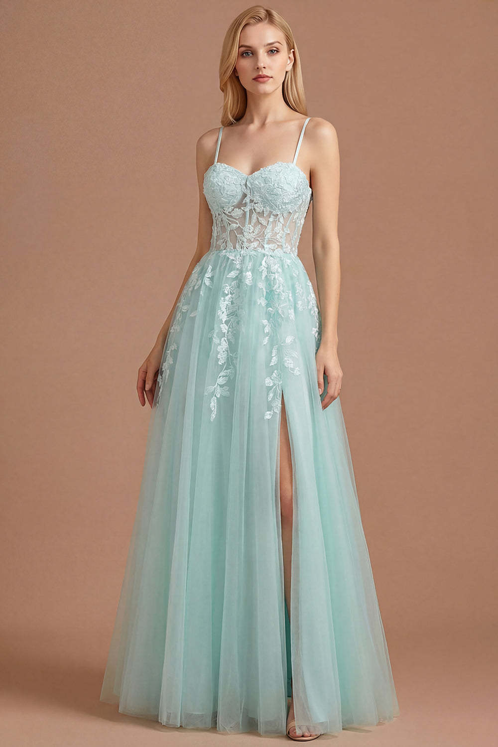 Leely Women Mint A Line Corset Long Prom Dress with Slit Appliqued Spaghetti Straps Backless Evening Dress