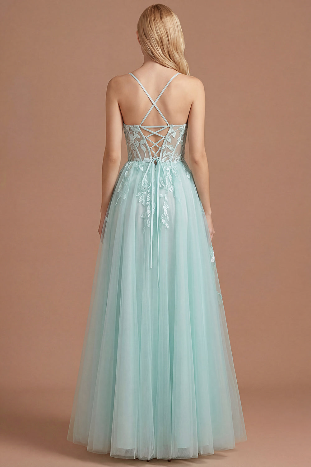 Mint A Line Corset Appliqued Spaghetti Straps Long Prom Dress