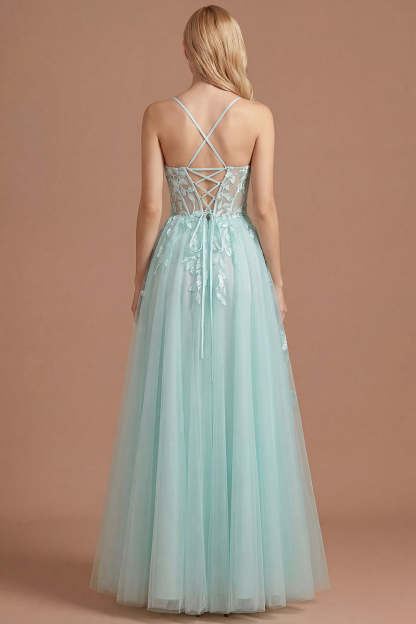 Mint A Line Corset Appliqued Spaghetti Straps Long Prom Dress