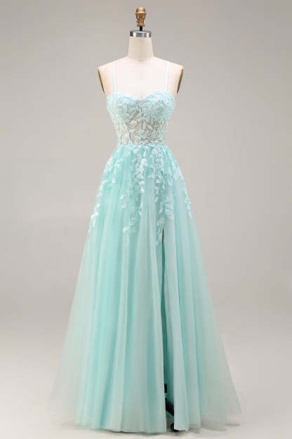 Mint A Line Corset Appliqued Spaghetti Straps Long Prom Dress