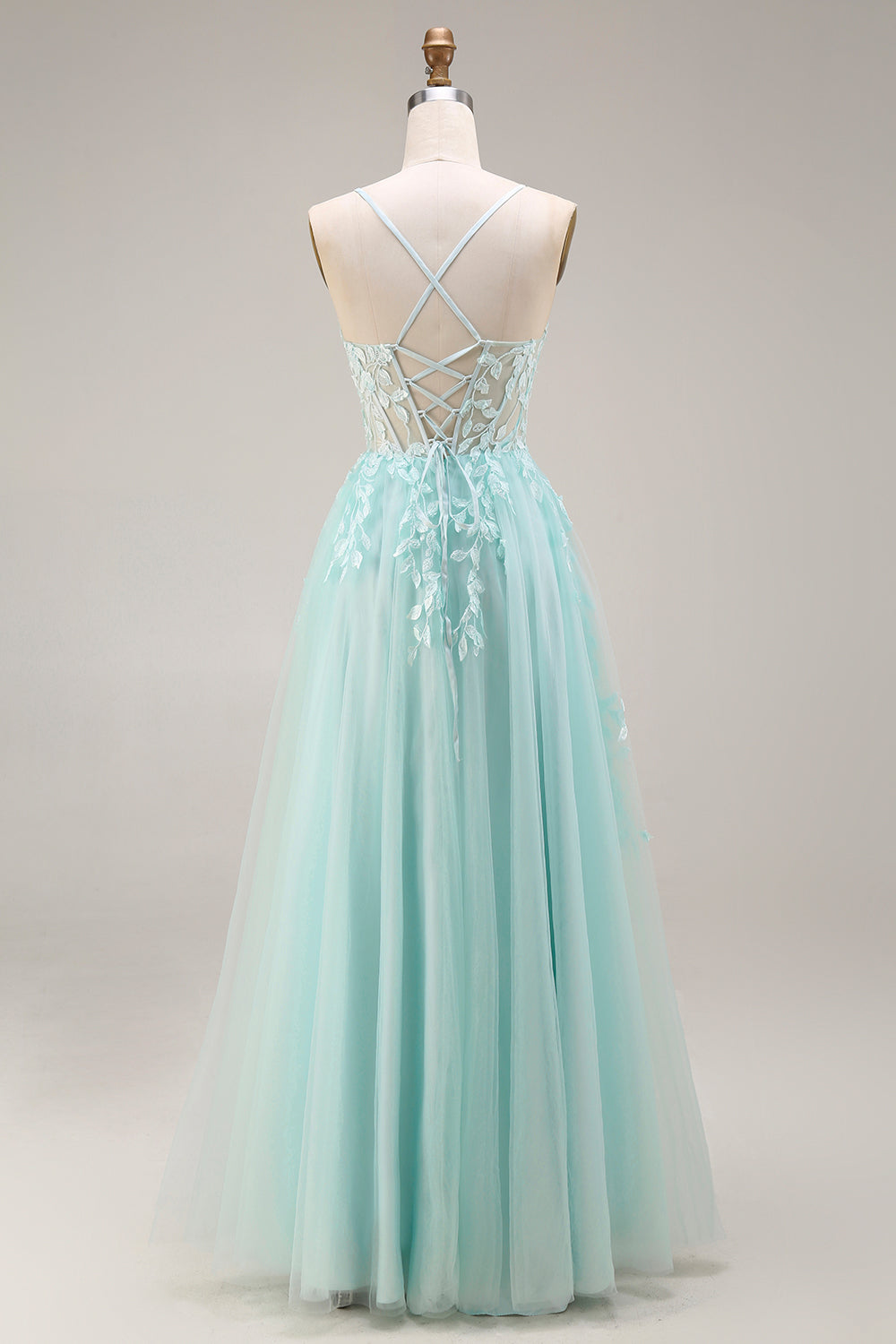 Mint A Line Corset Appliqued Spaghetti Straps Long Prom Dress