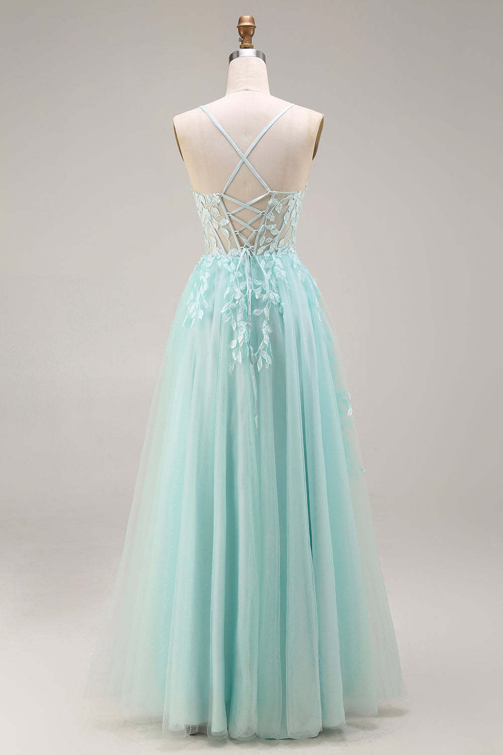 Mint A Line Corset Appliqued Spaghetti Straps Long Prom Dress