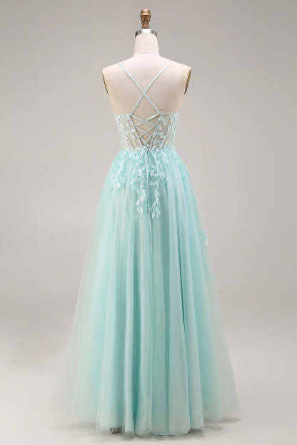 Mint A Line Corset Appliqued Spaghetti Straps Long Prom Dress