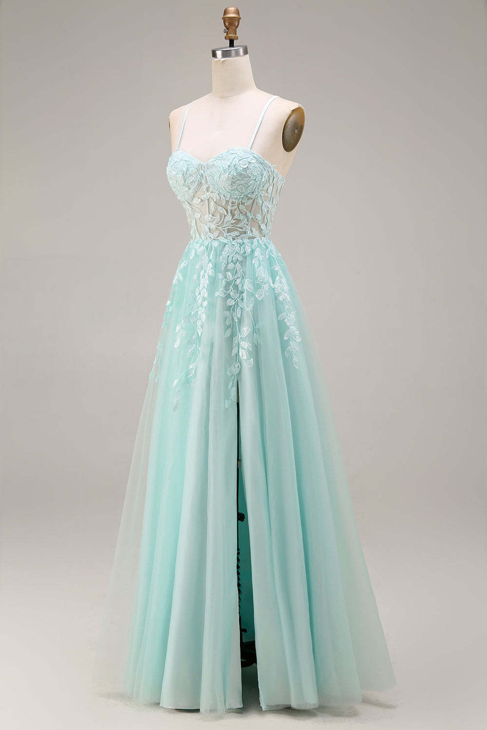 Mint A Line Corset Appliqued Spaghetti Straps Long Prom Dress