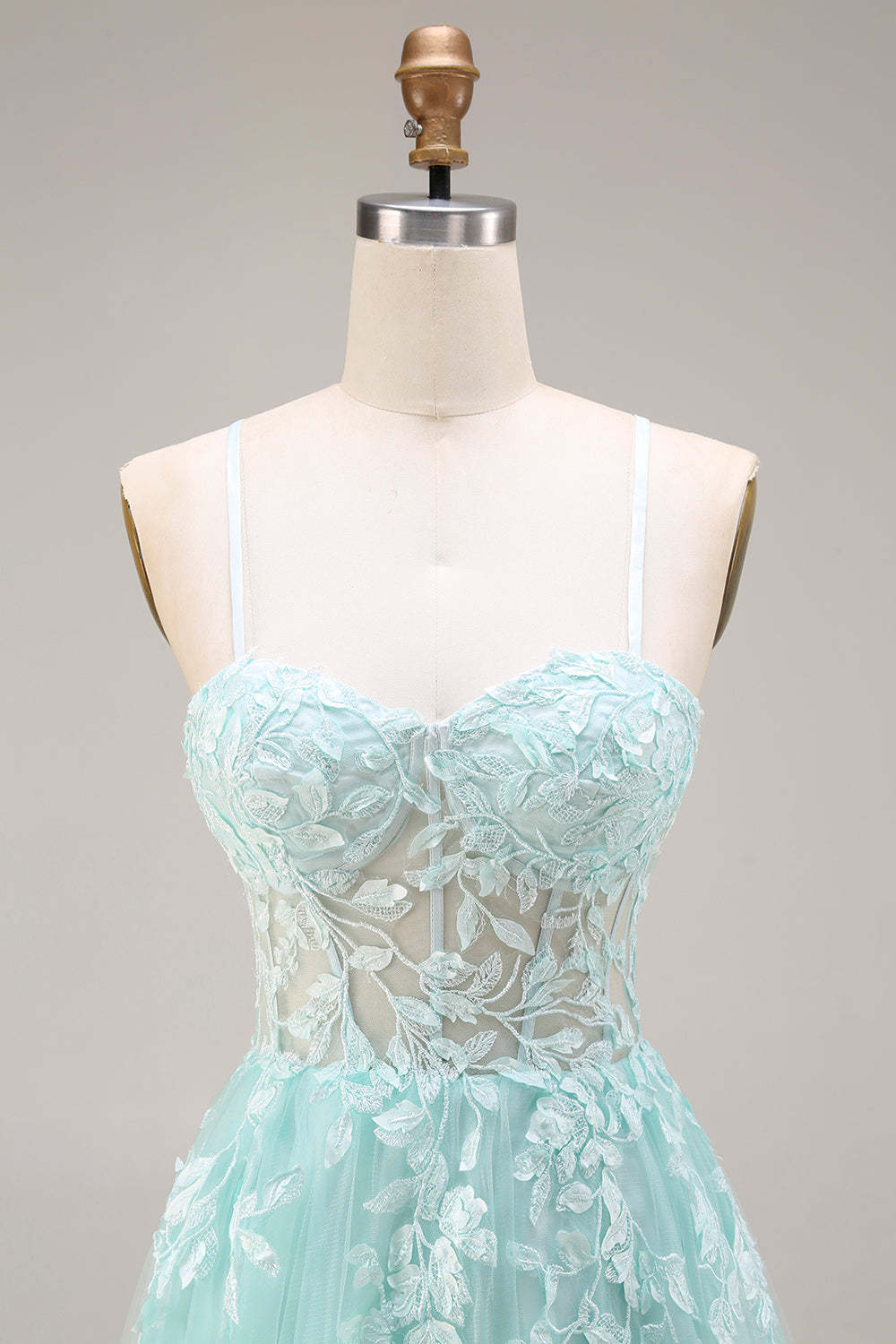 Mint A Line Corset Appliqued Spaghetti Straps Long Prom Dress