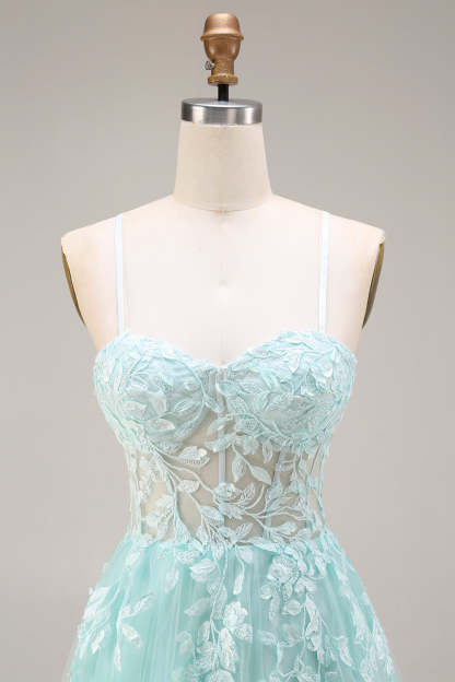 Mint A Line Corset Appliqued Spaghetti Straps Long Prom Dress