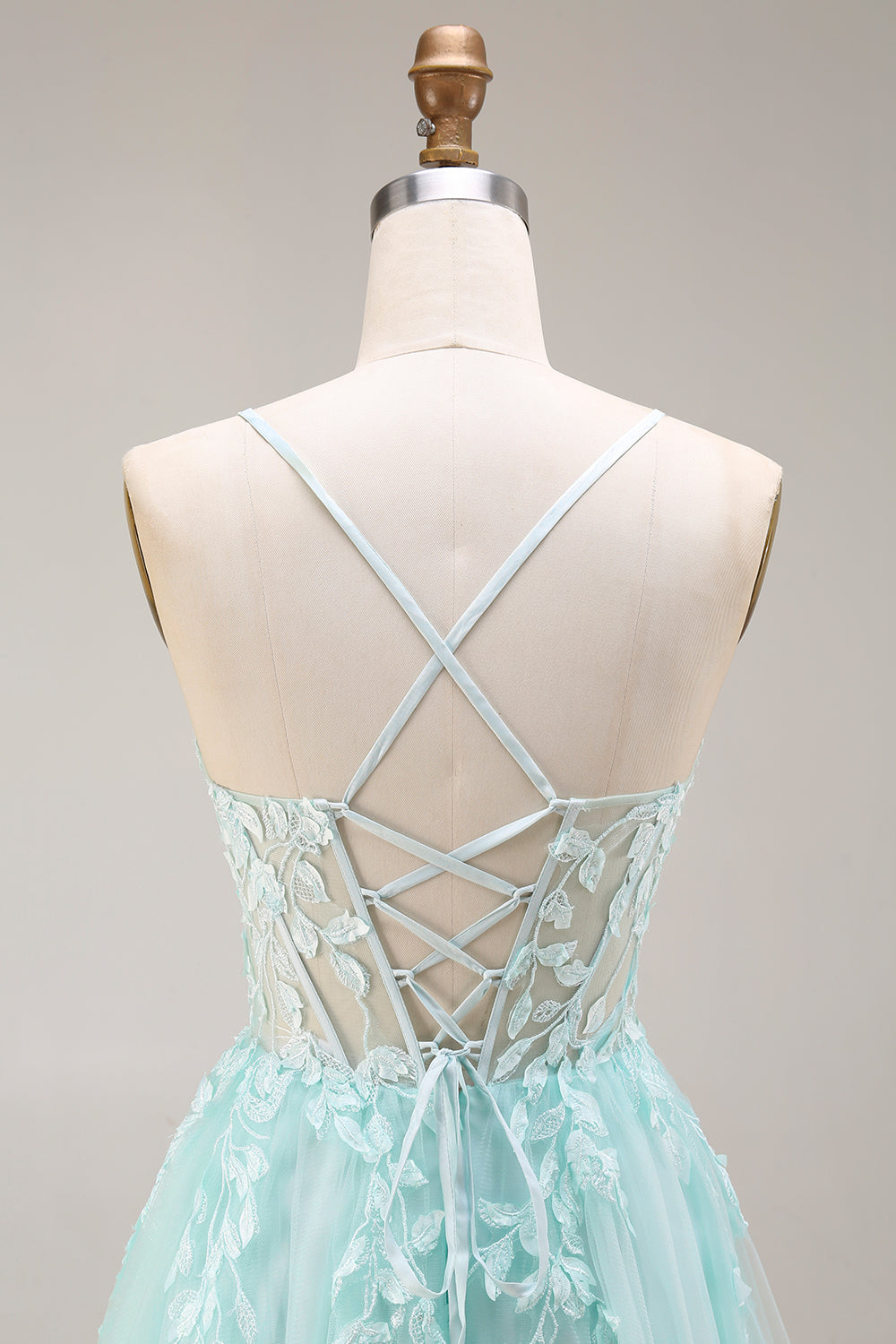 Mint A Line Corset Appliqued Spaghetti Straps Long Prom Dress