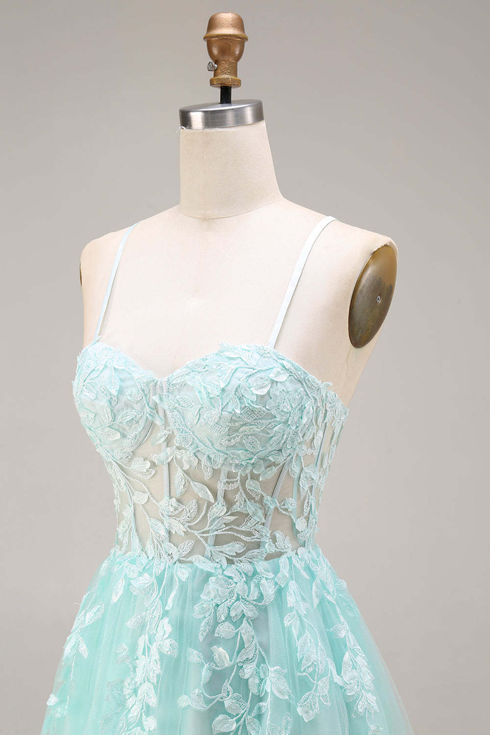 Mint A Line Corset Appliqued Spaghetti Straps Long Prom Dress