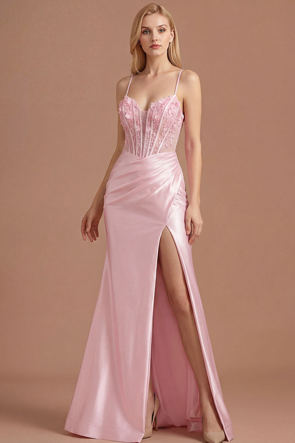 Leely Women Pink Appliqued Corset Mermaid Long Prom Dress with Slit Spaghetti Straps Backless Sleeveless Evening Dress