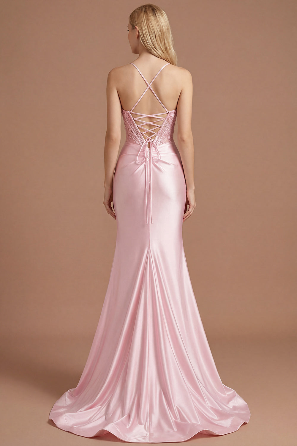 Corset Pink Appliqued Spaghetti Straps Mermaid Long Prom Dress with Slit