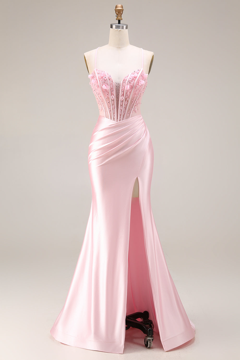 Corset Pink Appliqued Spaghetti Straps Mermaid Long Prom Dress with Slit