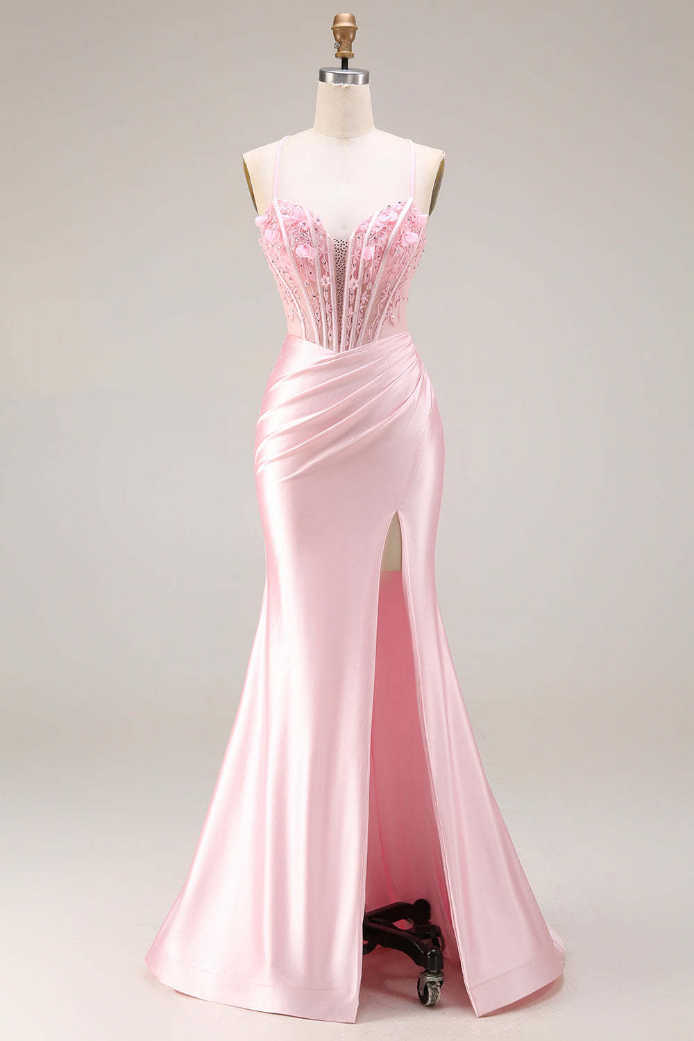 Corset Pink Appliqued Spaghetti Straps Mermaid Long Prom Dress with Slit