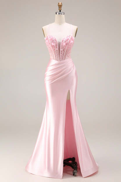 Corset Pink Appliqued Spaghetti Straps Mermaid Long Prom Dress with Slit