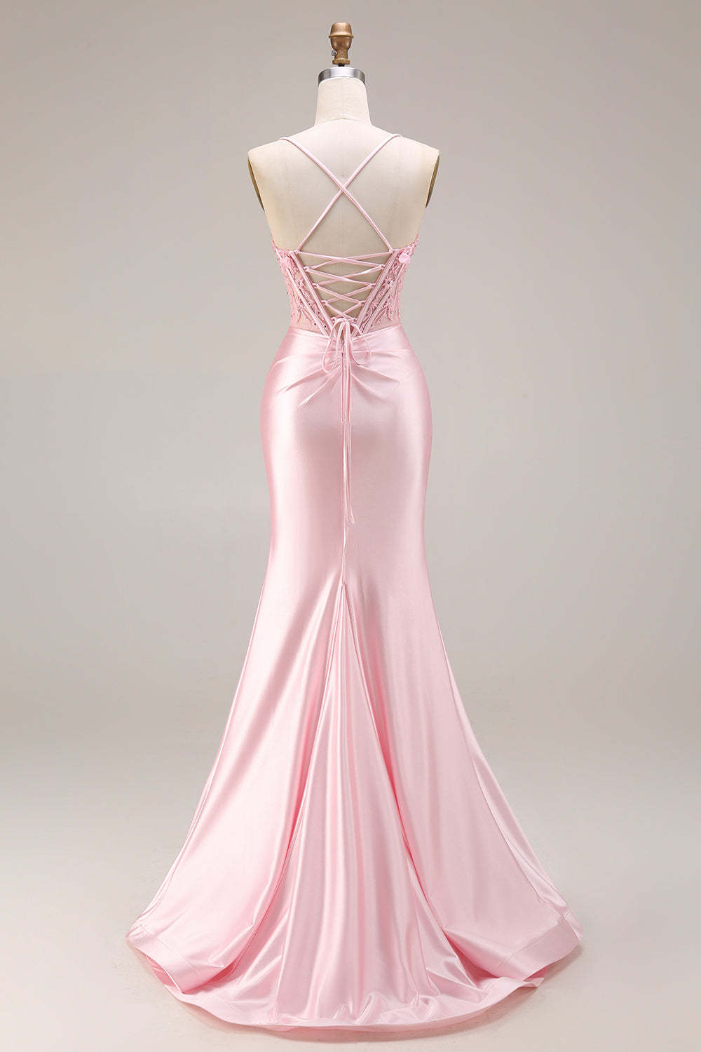 Corset Pink Appliqued Spaghetti Straps Mermaid Long Prom Dress with Slit