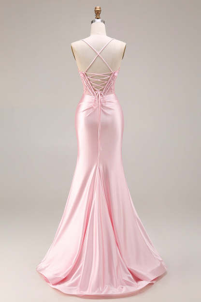 Corset Pink Appliqued Spaghetti Straps Mermaid Long Prom Dress with Slit