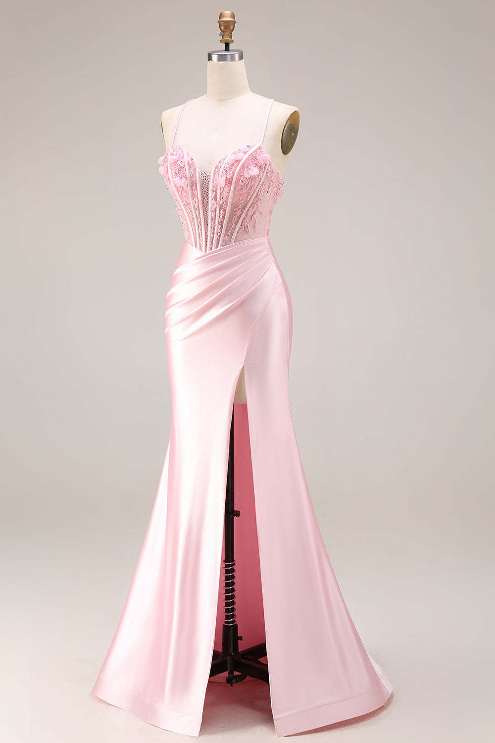 Corset Pink Appliqued Spaghetti Straps Mermaid Long Prom Dress with Slit