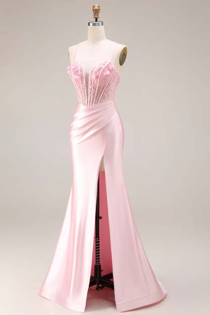 Corset Pink Appliqued Spaghetti Straps Mermaid Long Prom Dress with Slit