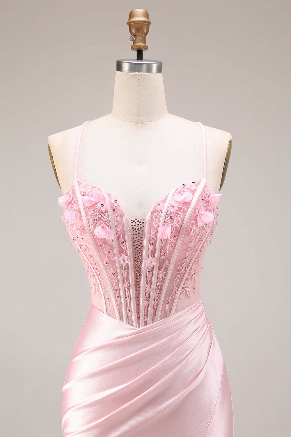 Corset Pink Appliqued Spaghetti Straps Mermaid Long Prom Dress with Slit