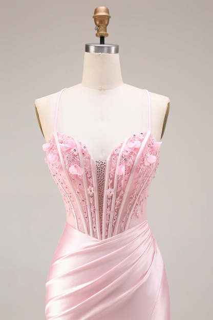 Corset Pink Appliqued Spaghetti Straps Mermaid Long Prom Dress with Slit