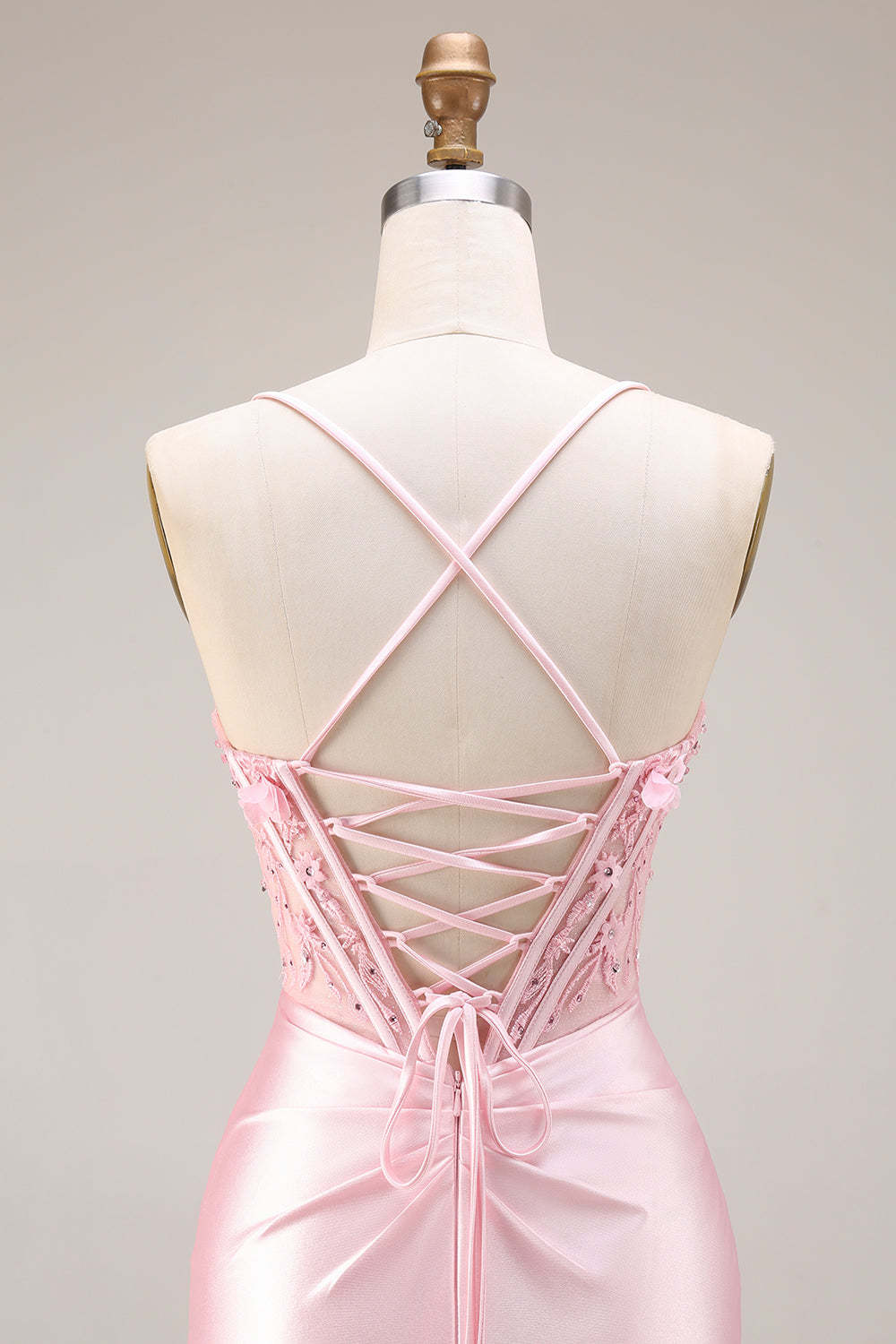 Corset Pink Appliqued Spaghetti Straps Mermaid Long Prom Dress with Slit