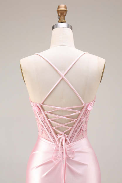 Corset Pink Appliqued Spaghetti Straps Mermaid Long Prom Dress with Slit