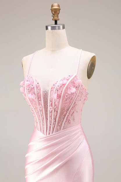 Corset Pink Appliqued Spaghetti Straps Mermaid Long Prom Dress with Slit