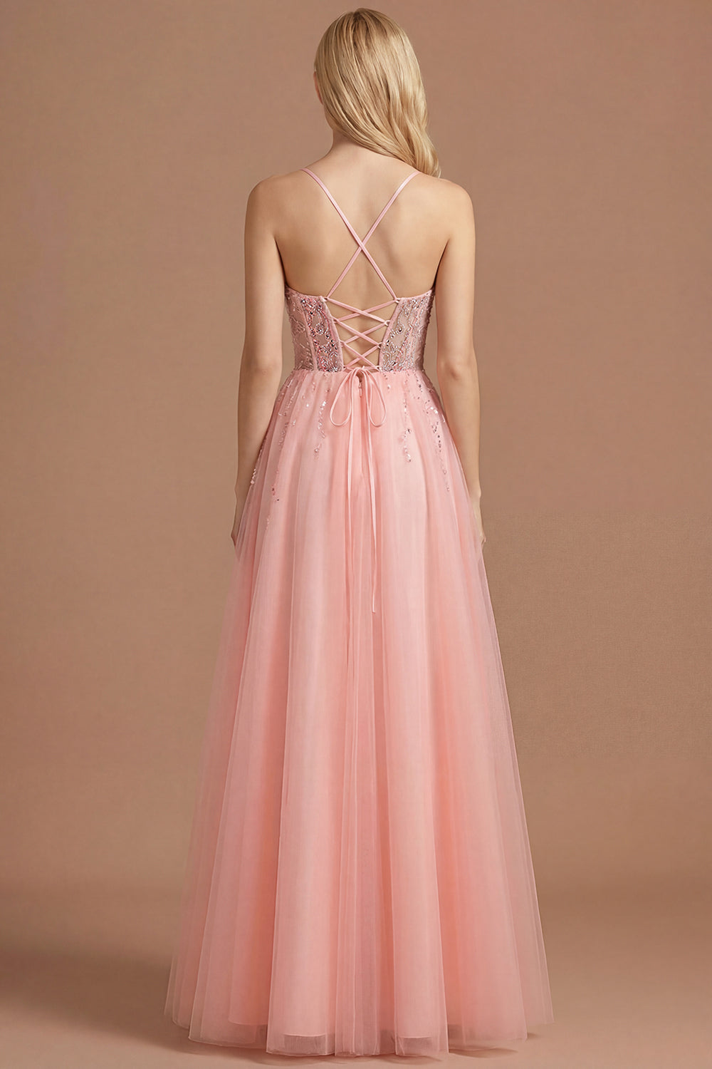 Watermelon A Line Sparkly Beaded Corset Spaghetti Straps Long Prom Dress