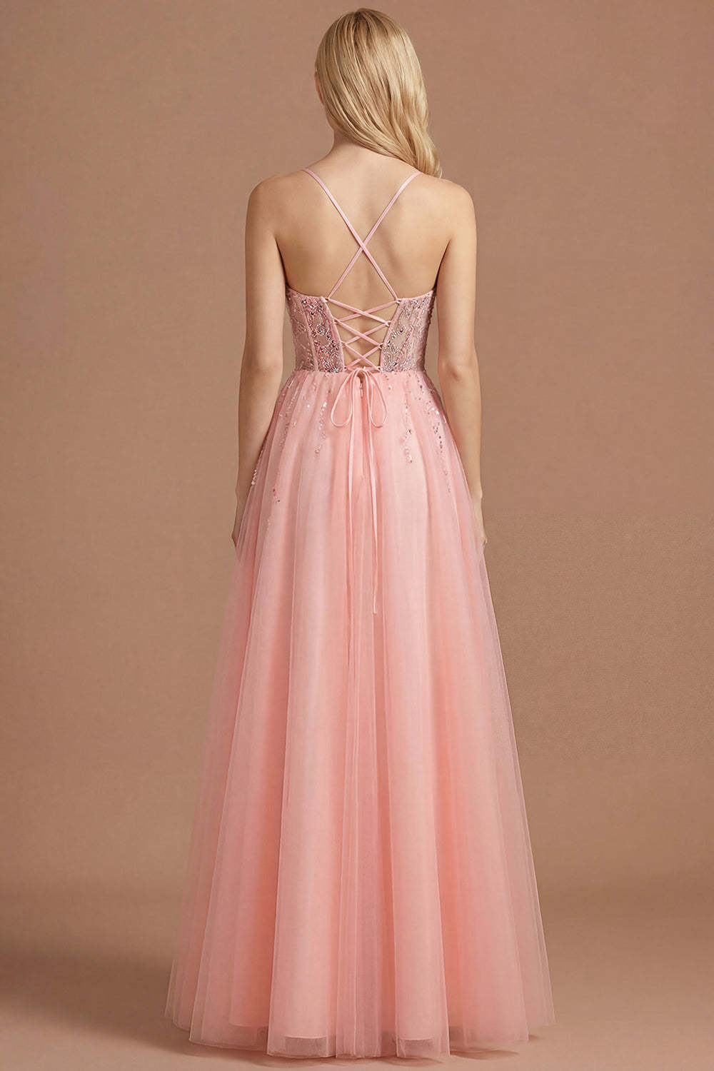 Watermelon A Line Sparkly Beaded Corset Spaghetti Straps Long Prom Dress